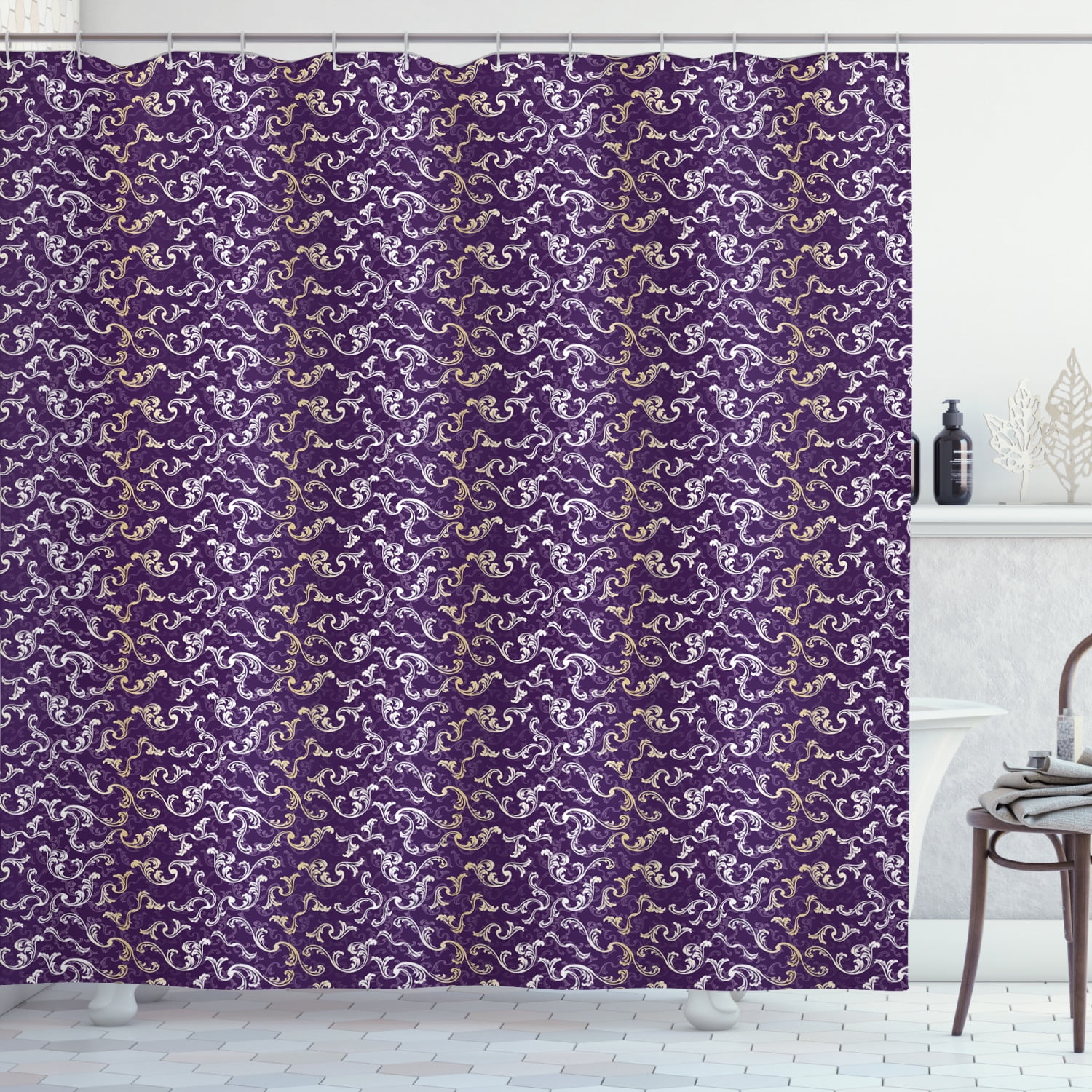 Baroque Shower Curtain, Swirls Flower Like Curls Lavish Details, Fabric Bathroom Set with Hooks