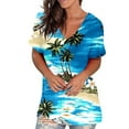 thumbnail image 2 of Molidfa Women Top Casual Blue Palm Trees Classic Fit Hawaii Palm Trees V-Neck Short Sleeve Blouses & Tops Womens Tops Summer, 2 of 5