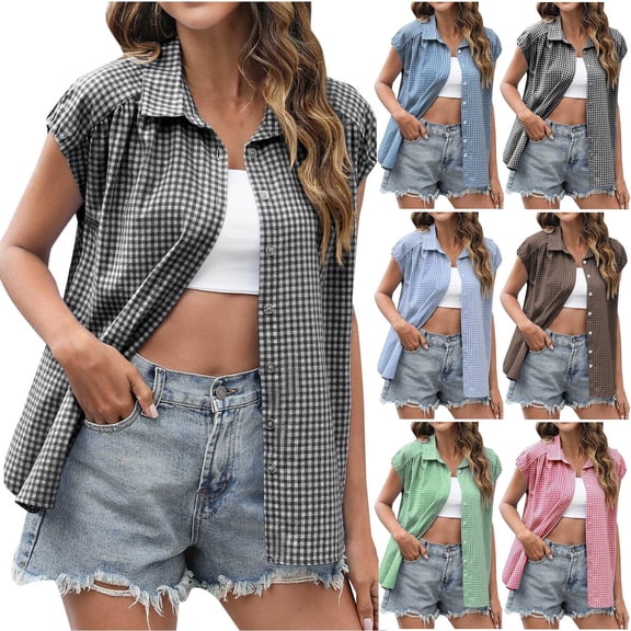 Women's Plaid Button Down Shirt Short Sleeve Turndown Collar Blouse Top Casual Loose Fit Lightweight Breathable Summer Vacation Fashion | CSEONE,Black XL