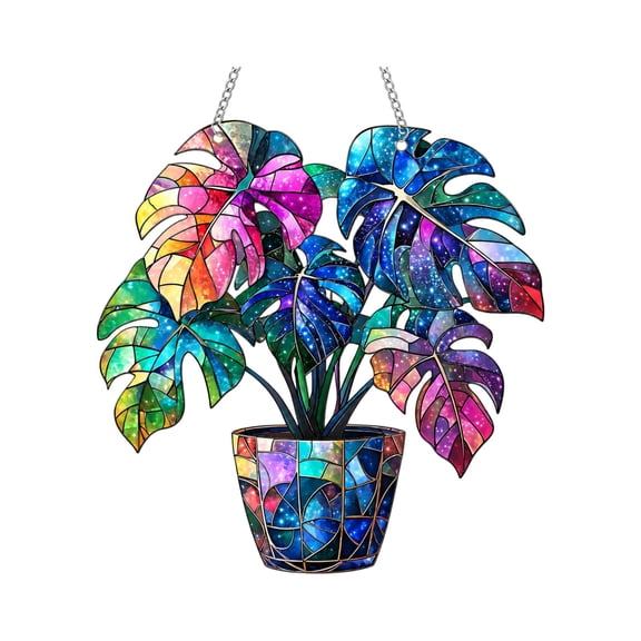 Monstera Suncatcher with Stained Glass Style Colorful Mosaic Pattern, Acrylic Construction, Boho Suncatcher Potted Plant Design for Living Room Garden, Gift for Plant Lovers