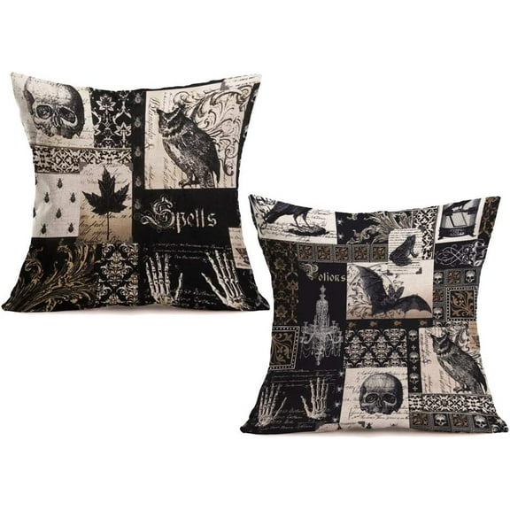 Pillow Covers Cotton Linen Square Vintage Halloween Decorative Throw Pillow Case Cushion Cover for Home Office Couch 18 x 18 inch Set of 2 Skull Pillowcase(Halloween#1)