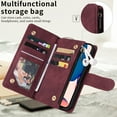 thumbnail image 3 of Zipper Wallet Case for iPhone 14 Plus with Large Capacity Card Slots Holder Flip Folio Cover, Premium PU Leather Magnetic Clasp Wrist Strap Kickstand Soft Silicone Shockproof Case,Winered, 3 of 8