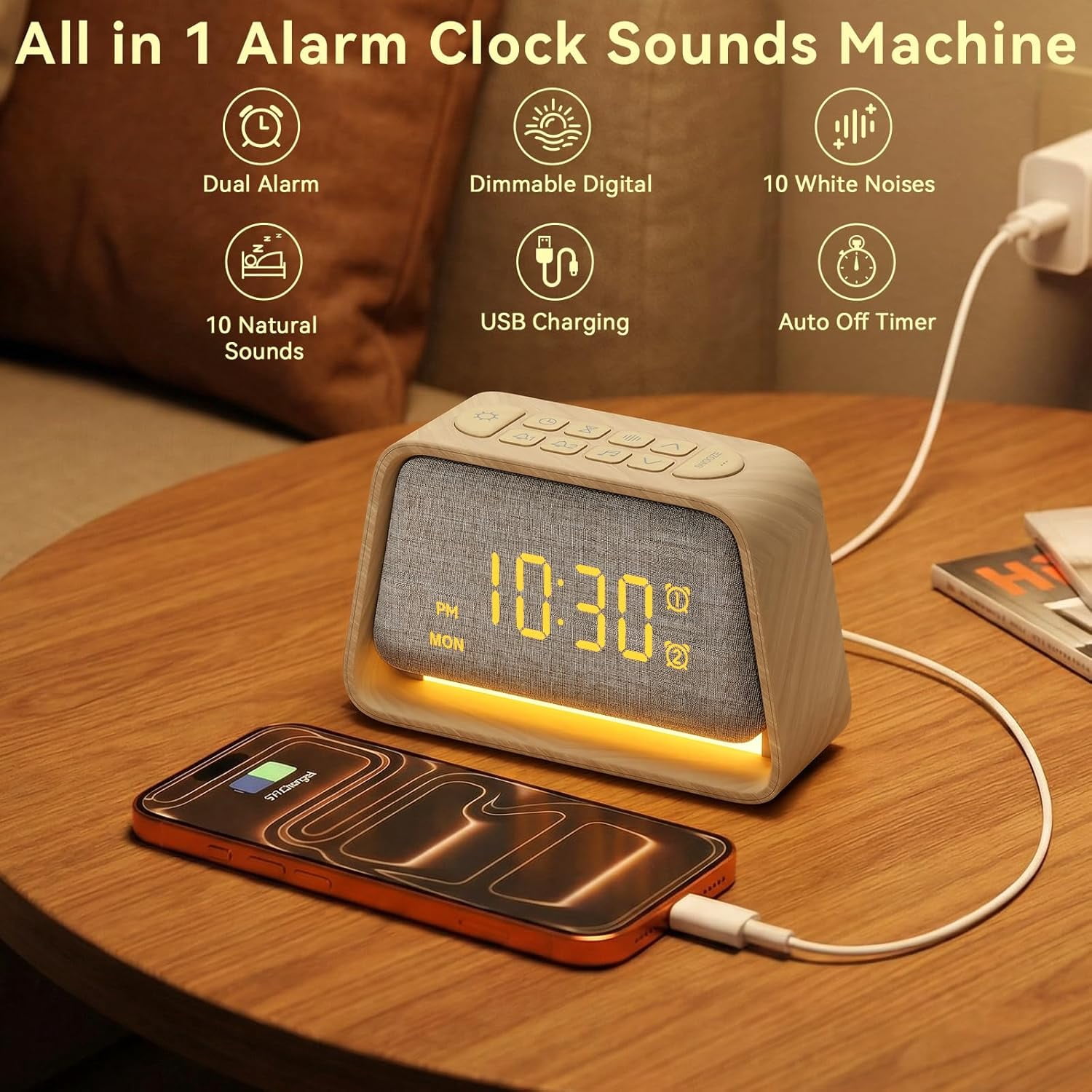Sunrise Alarm Clock with Wake Up Light, White Noise Sound Machine, 10 Soothing Sounds, Dual Alarms, Dimmable Night Light for Bedroom