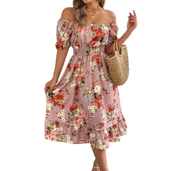 Women‘s Boho Floral Summer Midi Dress Puff Sleeve Square Neck A Line Flowy Dresses Smocked Wedding Guest Dresses