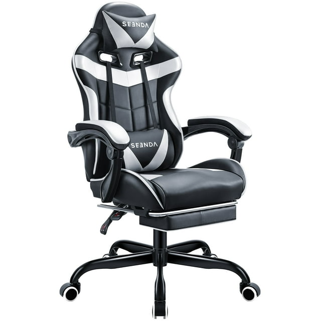 Gaming Chair,Seenda Video Game Chair with Footrest and Lumbar Support, Ergonomic Computer Chair Height Adjustable with Swivel Seat and Headrest, White