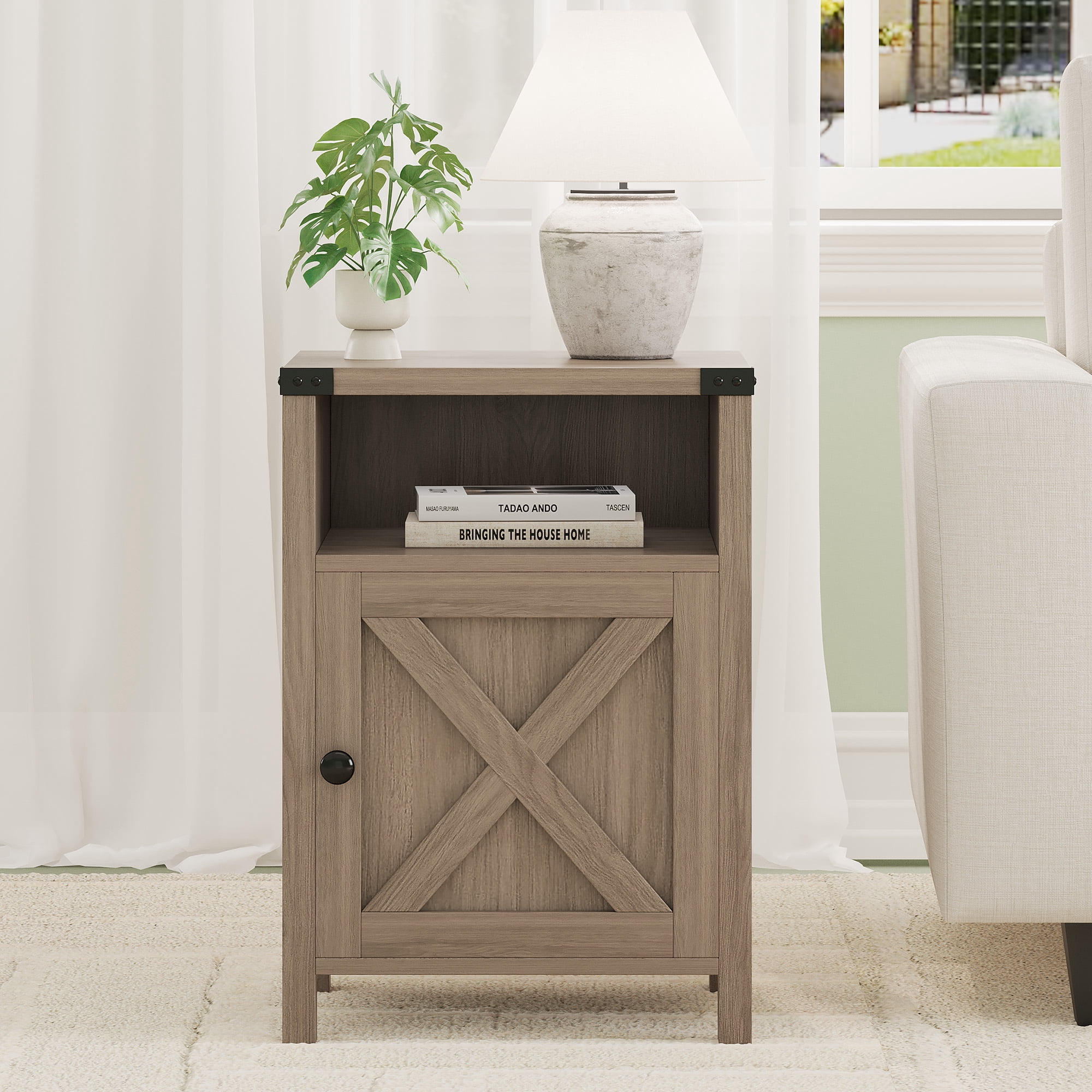 4 EVER WINNER Farmhouse Single Barn Door Side Table, Rustic Gray Storage End Table, Industrial Bedside Nightstand for Bedroom Spaces