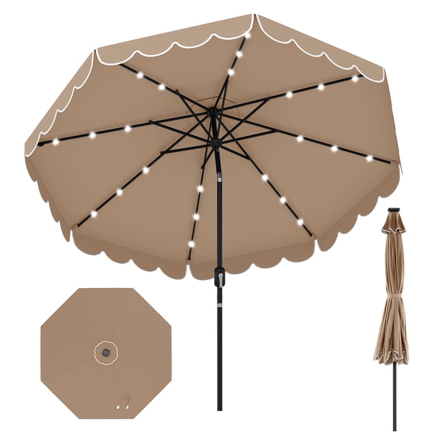 Gymax 10 FT Solar Patio Umbrella Outdoor Market Sunshade w/ 24 LED Lights Coffee