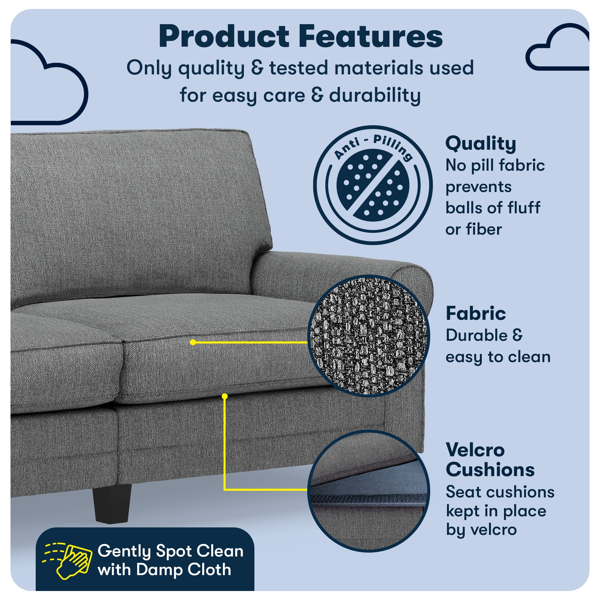 Serta Copenhagen 78" Rolled Arm Sofa, Easy Care Polyester, Loveseat or Couch for Small Spaces, Dark Gray