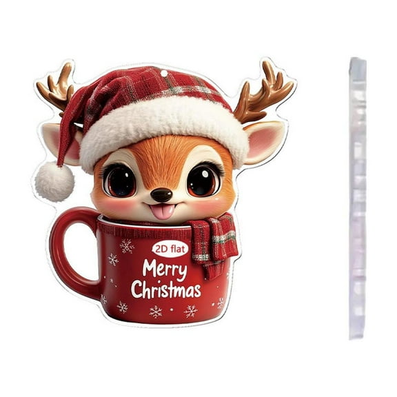 Zhourta Christmas Reindeer Hanging Ornaments Animal Cute Santa Hat Deer in Cup Christmas Decorations Holiday Decor Acrylic Cartoon Decoration