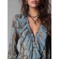 thumbnail image 3 of Women Vintage French‑Style Chiffon Printed Blouse, Deep‑V Neck Ruffle‑Sleeve Summer Vacation Tops, 3 of 9