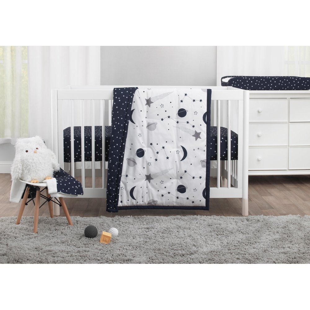 MoDRN Celestial Stars 3Piece Crib Bedding Set, Navy, Grey, and White