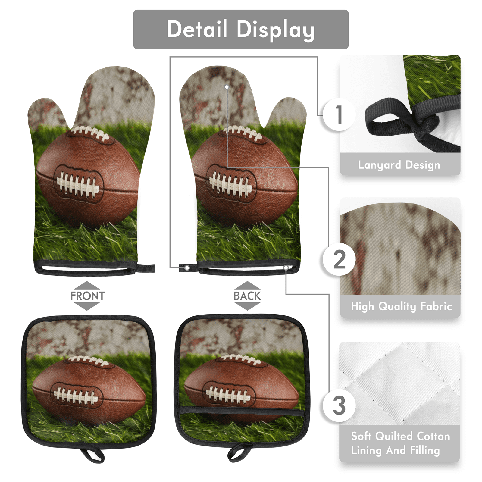 CURLYOOT American Football Oven Mitts and Pot Holders Sets of 2, Non-Slip Washable Rugby Field Hot Pads and Oven Gloves for Kitchen Cooking Baking