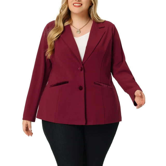 GRACE & GRANDEUR Women's Plus Size Fall Workwear Notched Lapel Button Down Office Blazer 1X Burgundy