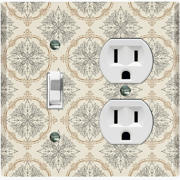 Metal Light Switch Plate Outlet Cover (Damask Ornament Tan Pattern - Single Toggle Single Duplex)