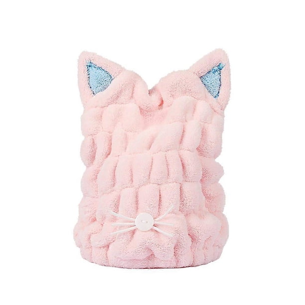 Toalla de secado rápido para el cabello, gorro de microfibra con lindas orejas de gato, terciopelo rosa suave color coral.