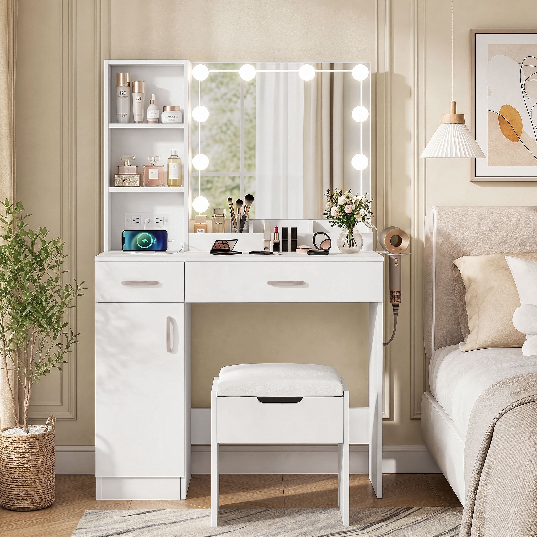 VEANERWOOD Makeup Vanity Desk with Lighted Mirror & Power Strip, Girls Dressing Table with Storage Shelves, White