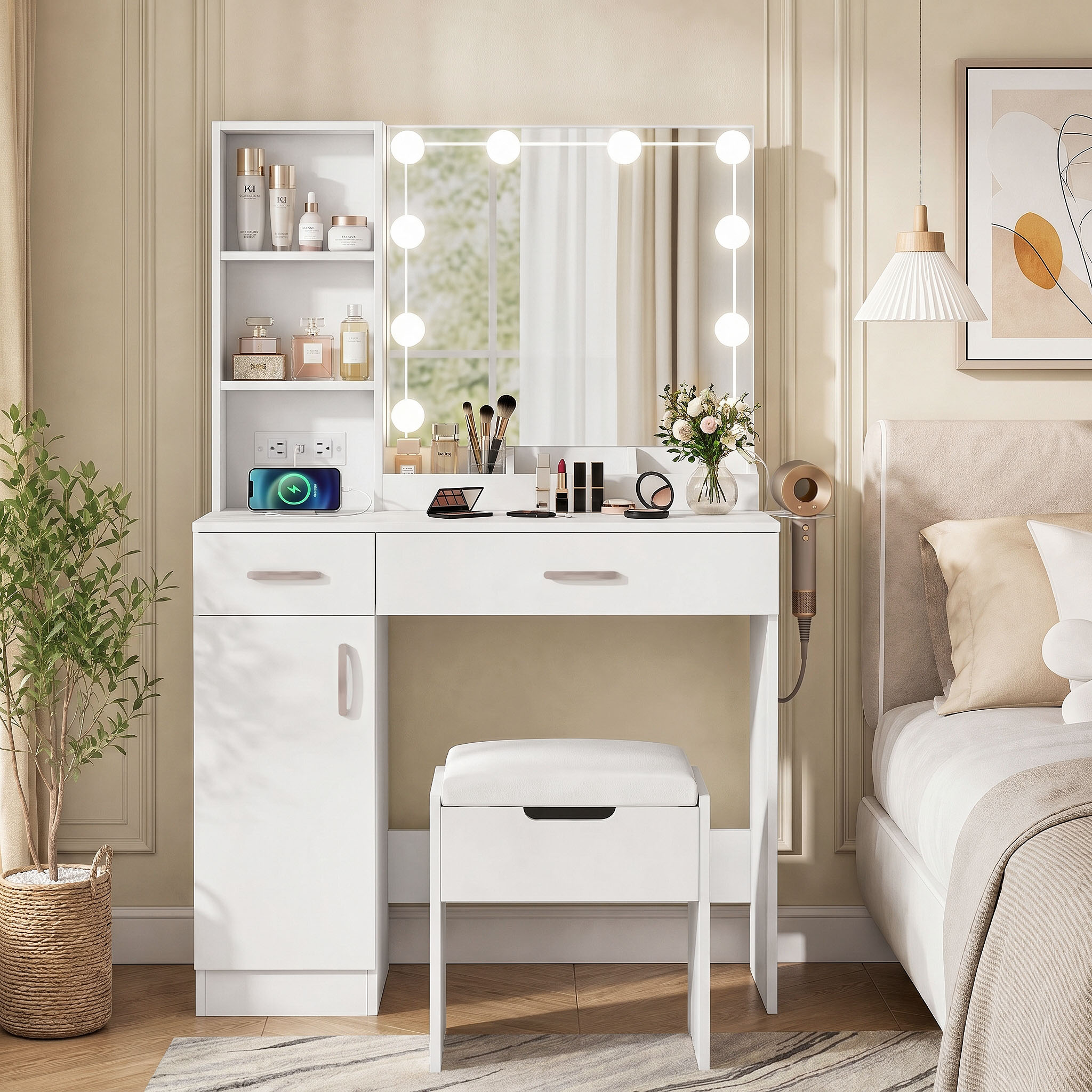 Veanerwood Makeup Vanity Desk with Lighted Mirror, White photo 8