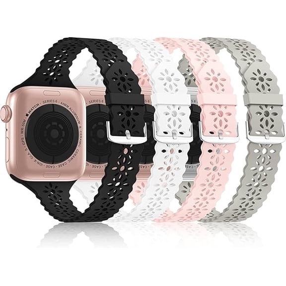 xixishop 4 Pack Lace Silicone Bands Compatible with Apple Watch Bands 38mm 40mm 41mm 42mm 44mm 45mm 46mm 49mm, Women Slim Thin Hollow-out Wristband for iWatch Series 11 10 9 Ultra 8 SE 7 6 5 4 3 2 1