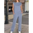 thumbnail image 6 of Women'S Two-Piece Casual Suit, Stand-Up Collar Top, Wide-Leg Pants, Vacation Travel Wear Light Blue XL, 6 of 9