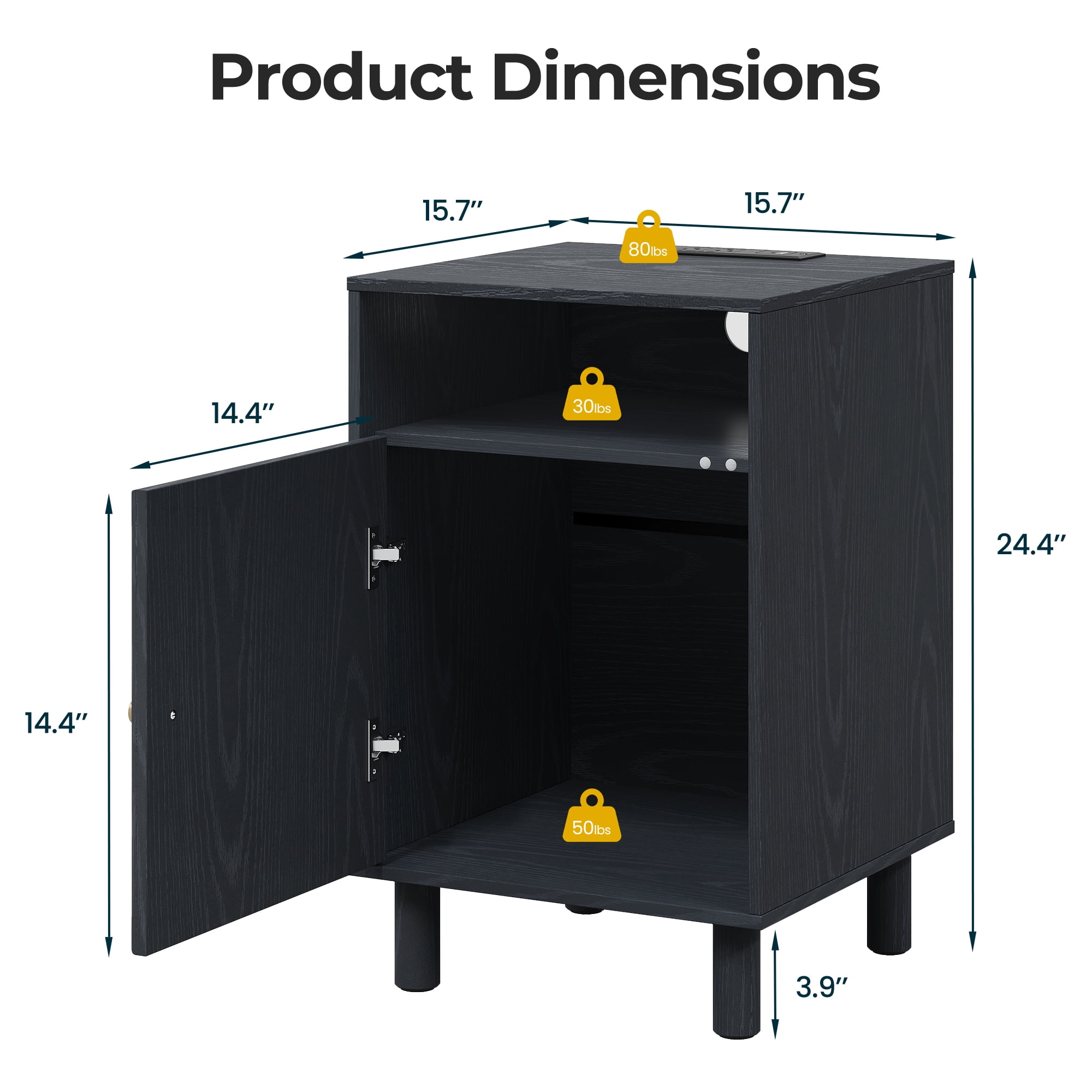 May in Color Nightstand for Bedroom, Black Side Table with Charging Station, Accent Bedside Table with Solid Wood Legs for Living Room
