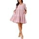 thumbnail image 1 of Vestido casual de babydoll con cuello en V para mujeres, con bolsillos, mangas cortas con volantes, lazo y fluido, vestido de playa rosa M, 1 of 5
