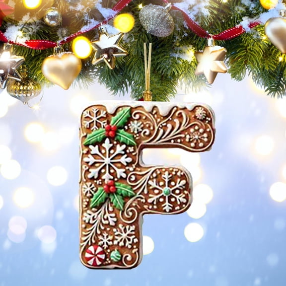 Personalized Christmas Letter F Ornament, DIY Gingerbread Acrylic Alphabet Decoration with Holly and Candy Cane, Hanging Tree Gift Tag for Party