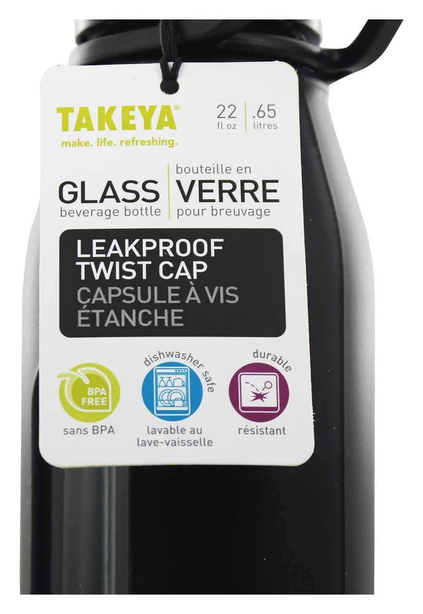 Takeya 22 Ounce Classic Glass Water Bottle with Silicone Sleeve and Twist Cap, Black