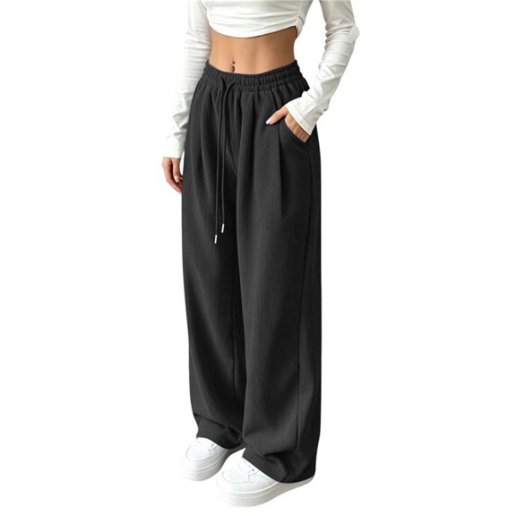 ZHYou No Boundarie Corduroy Pants for Women Ribbed Knit Drawstring High Waist Wide Leg Loose Casual Trousers with Pockets,Black,Size M