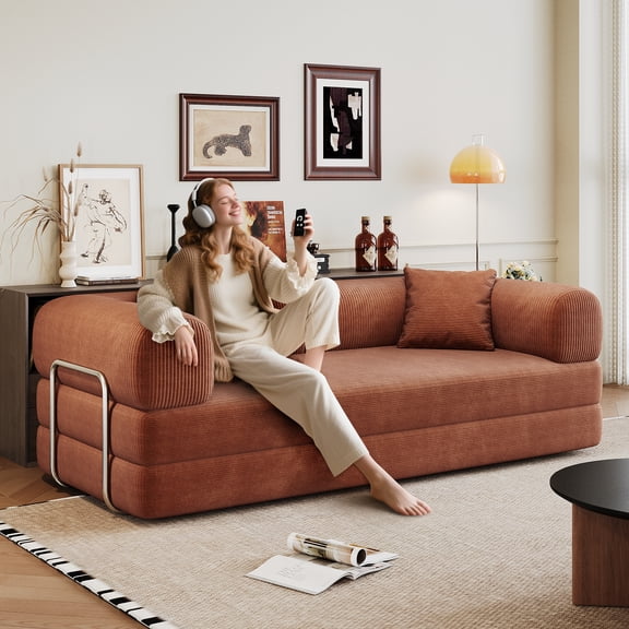 PureDashio 78.8" Modular Sectional Sofa, Convertible Floor Sofa Bed with Corduroy Fabric, No Assembly Required, Oversized Couch for Living Room Apartment,Brown
