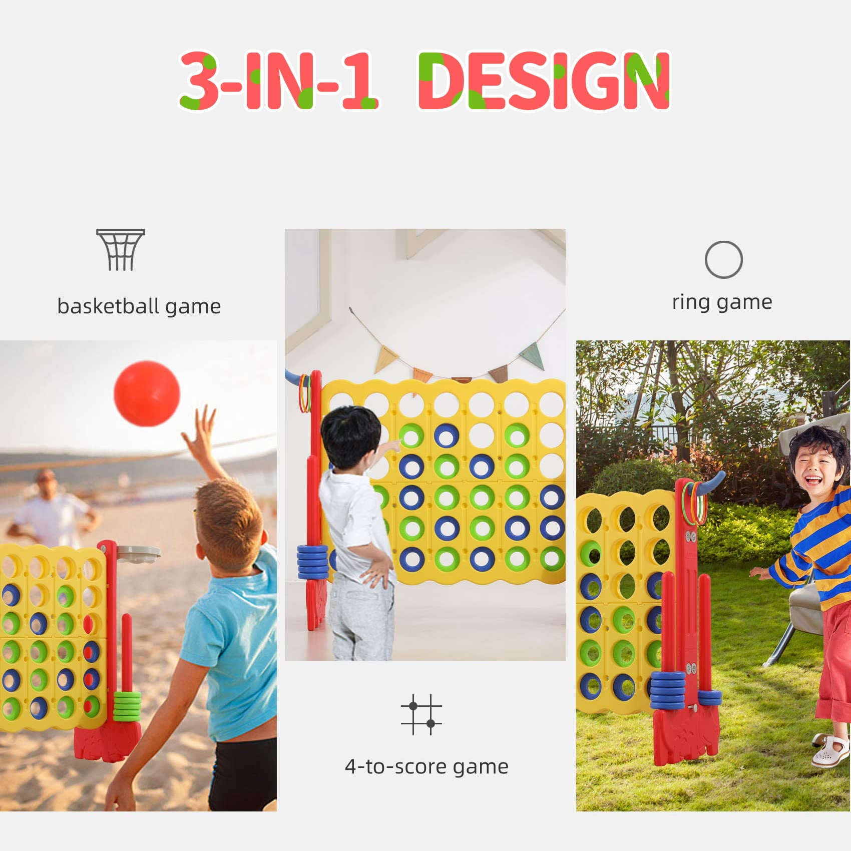 UNICOO® 3-in-1 Giant 4 in a Row Game for Outdoor & Indoor Fun! Featuring Basketball Hoop, Ring Toss Game & 4-to-Score Game. Perfect for Kids, Adults & Parties with Carrying Bag (Yellow + Red)