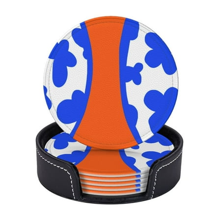 

Blue And Orange Leather Coasters With Leather Holder Set Of 6 Round Coasters for Home and Kitchen Decor