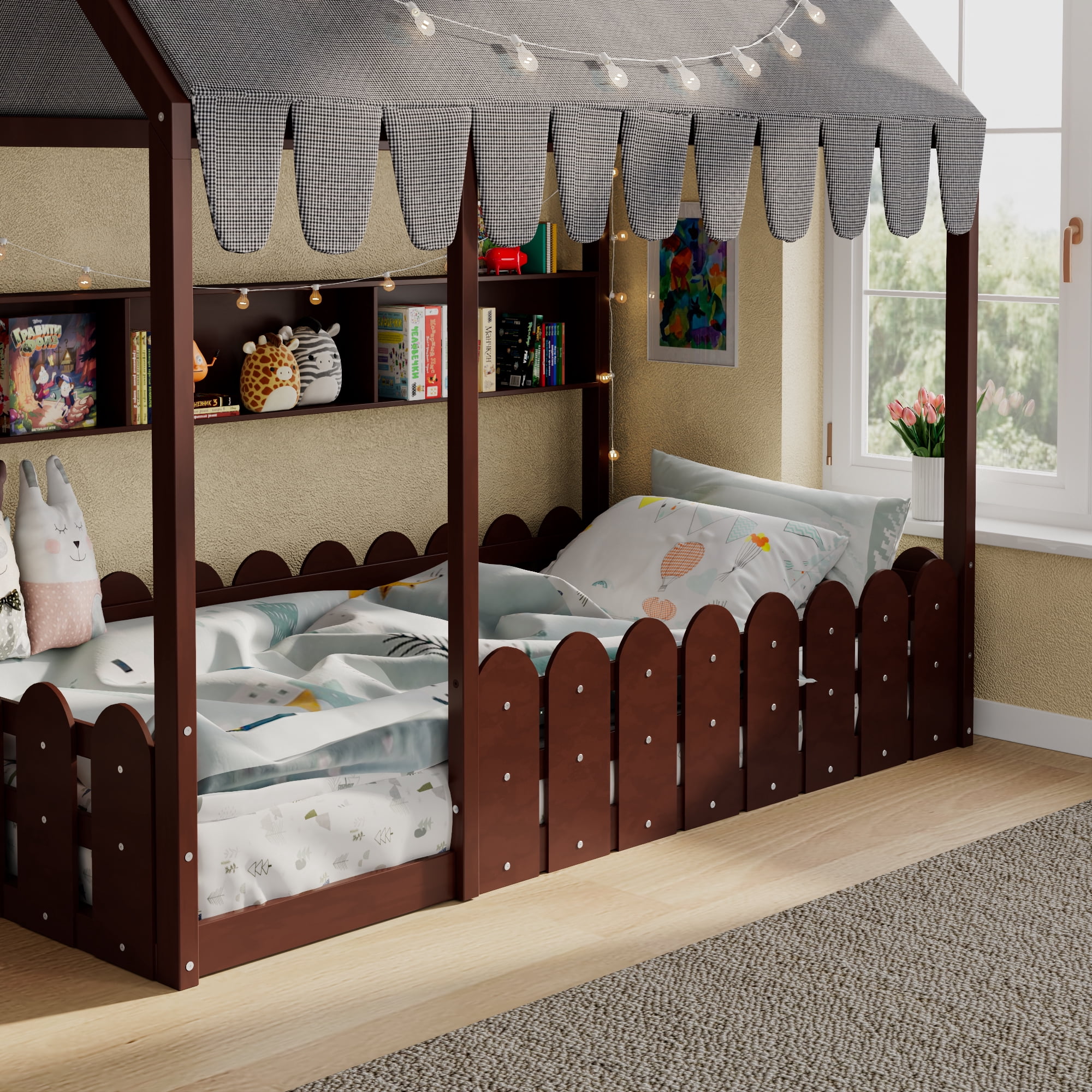 Sailvan Twin Size Montessori House Bed for Kids, Floor Bed with Fence Railings, Slats not included