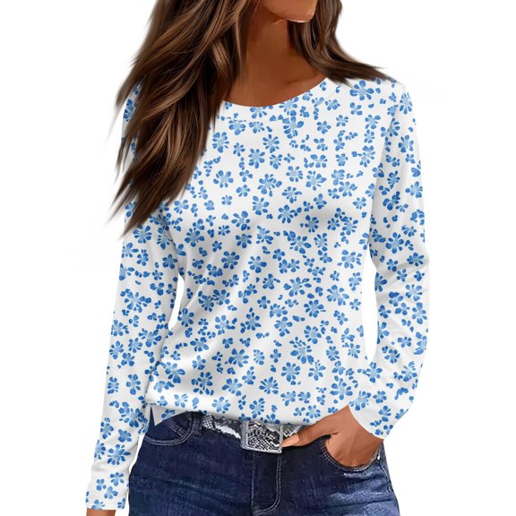 WTOBBY Women's Fashion Casual Slit Hem Floral Print Round Neck Long Sleeve T-Shirt Top, Ladies Comfortable Blouse with Stylish Design for Relaxed Everyday Wear,Blue L