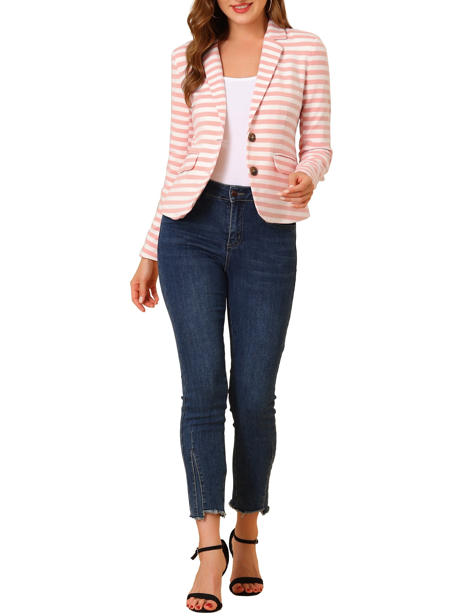 DARING DIVA Women's Striped Notched Lapel Button Closure Blazer XS White Pink