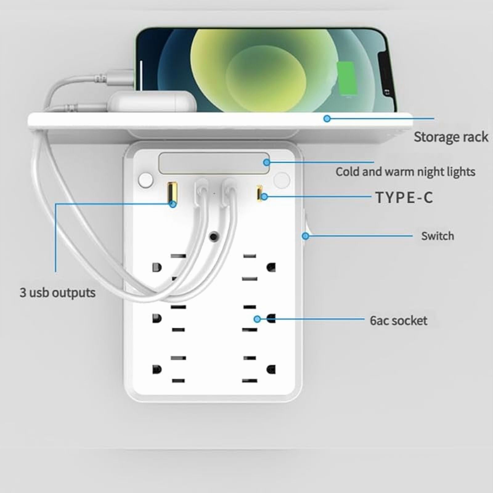 Wall Outlet Extender with Shelf Night, Flat Wall Outlet Extender, Multi Plug Outlet Surge Protector Power Strip with 6 AC Outlets, 3 USB Ports and 1 USB C (2PCS)