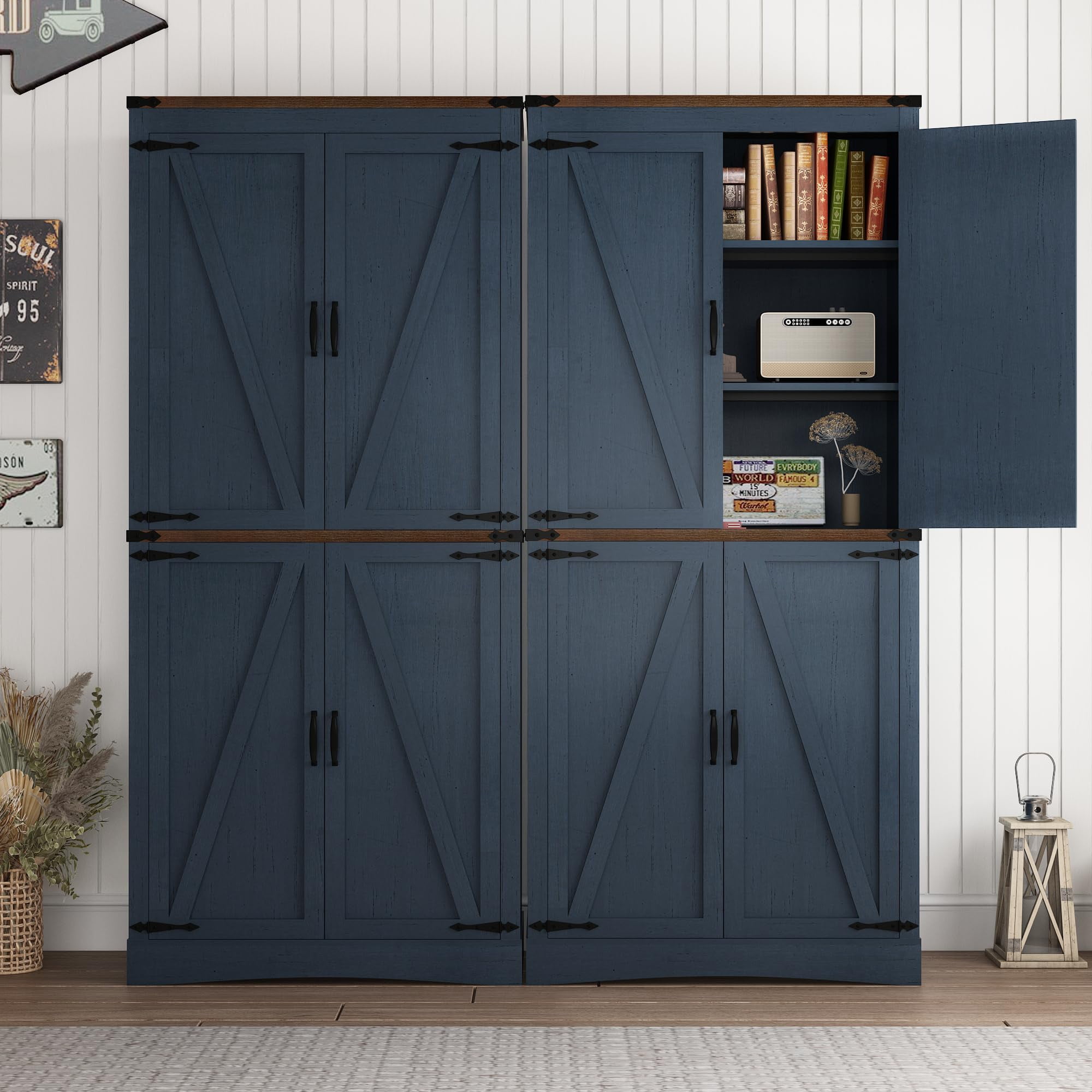 ChVans 71" Tall Farmhouse Kitchen Pantry with Adjustable Shelves, 5 Layers Pantry Storage Cabinet with Load-Bearing Steel Pipe & 4 Barn Doors for Kitchen, Dining Room, Living Room, (Blue-71")