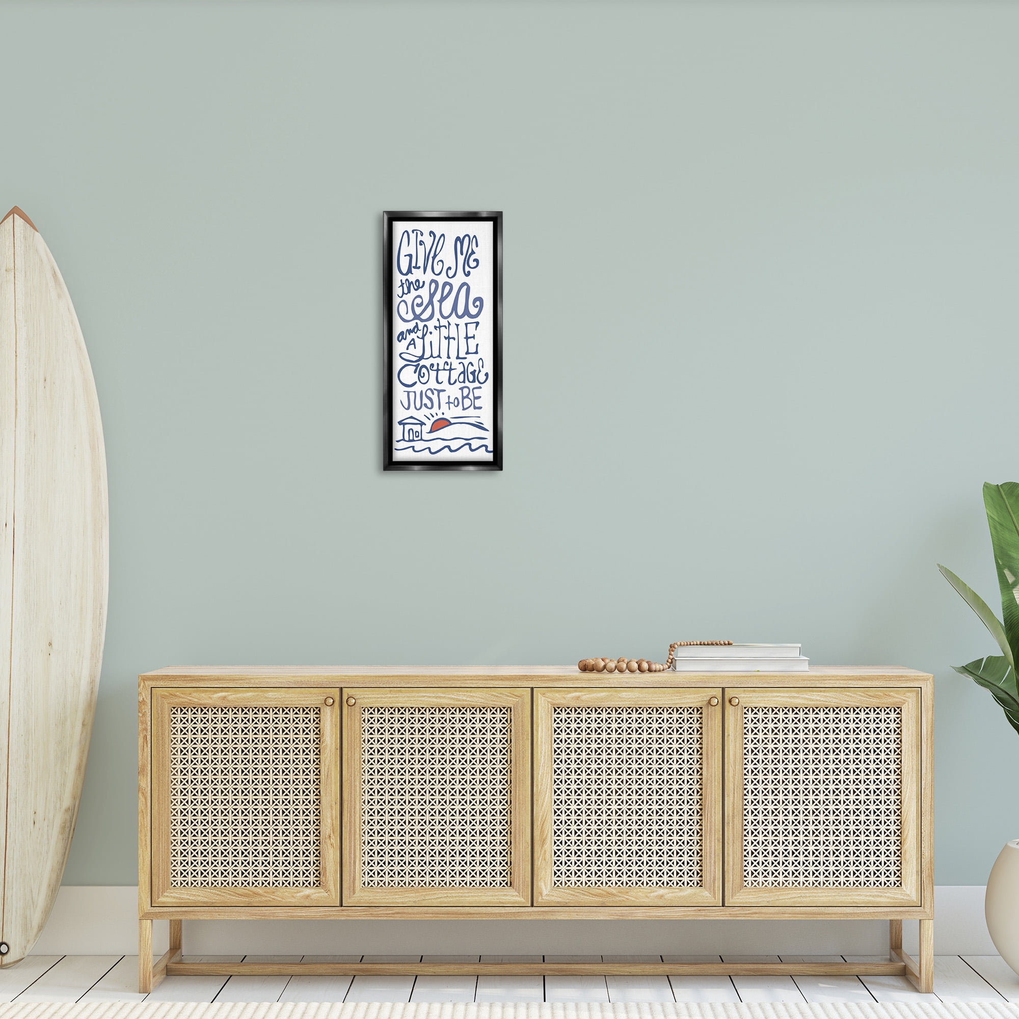 Stupell Industries Sea & Cottage Beach Life Calligraphy Nature Painting Black Floater Framed Canvas Art Print Wall Art, 11 x 25