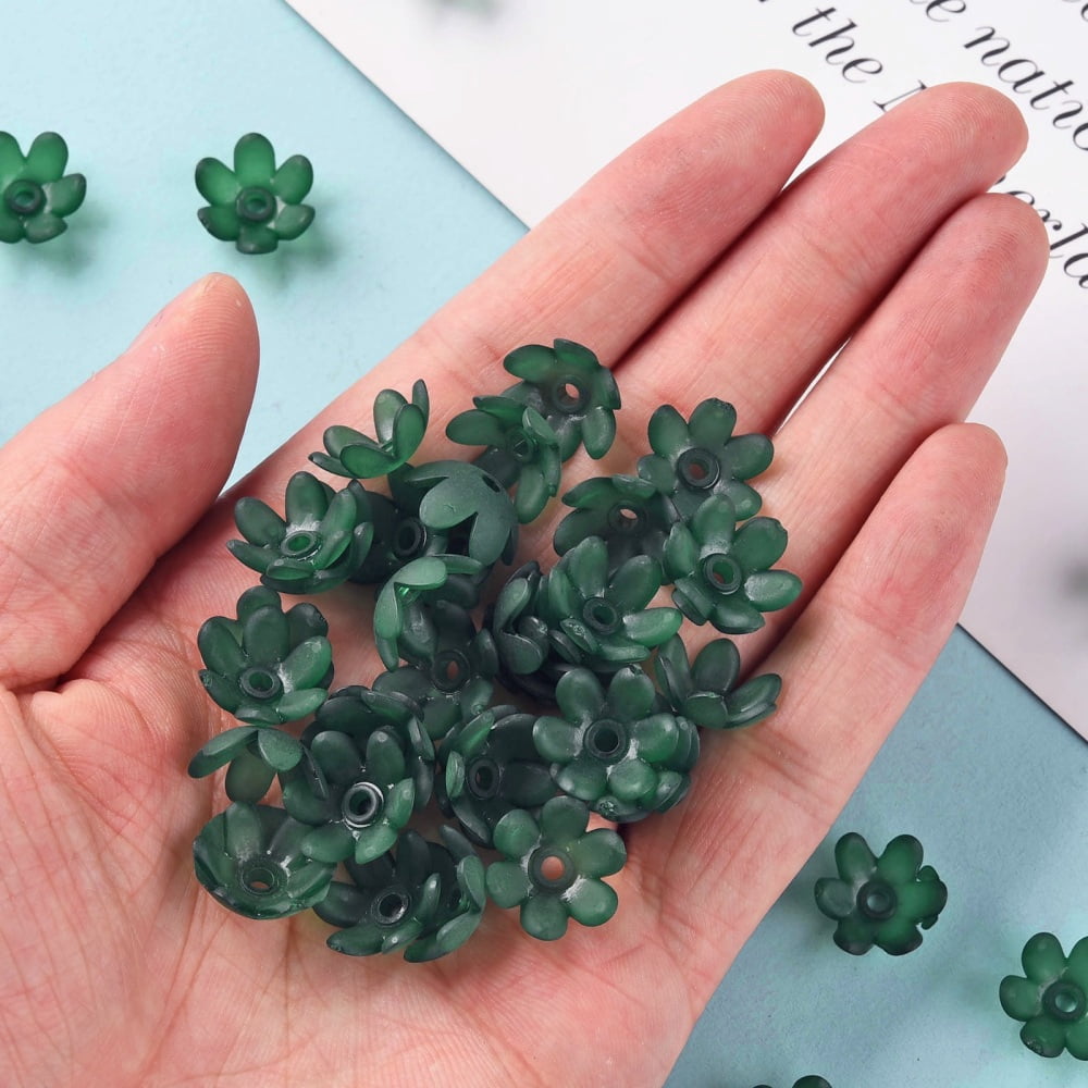 Frosted Acrylic Bead Caps 6-Petal Flower Dark Green 14x6mm Hole: 2mm 1660pcs/500g