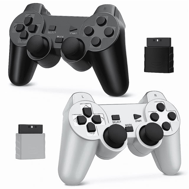 RetroFam Paquete de 2 Controles para PS2 Playstation 2 Control Inalámbrico, Negro y Plateado
