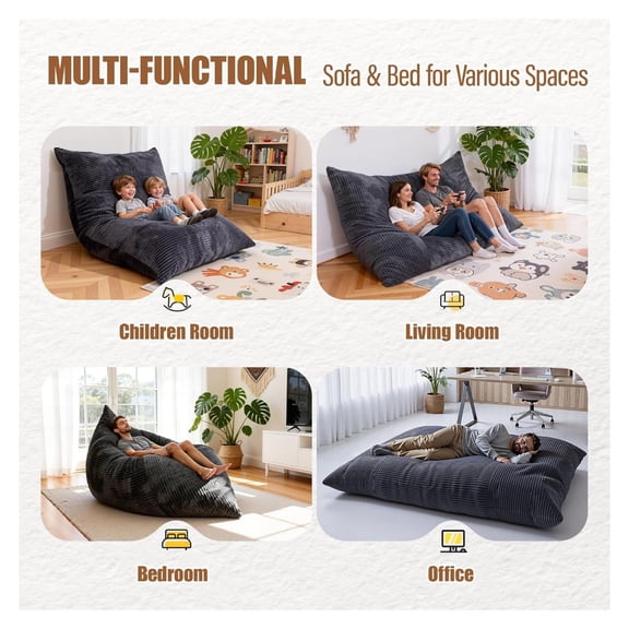 4 in 1 Giant Bean Bag Chair for Adults & , 75” Beanbag Couch with High-Density Memory Foam Filling, Multifunctional Floor Sofa Lounger Suitable for Living Room Bedroom Apartment (Grey)