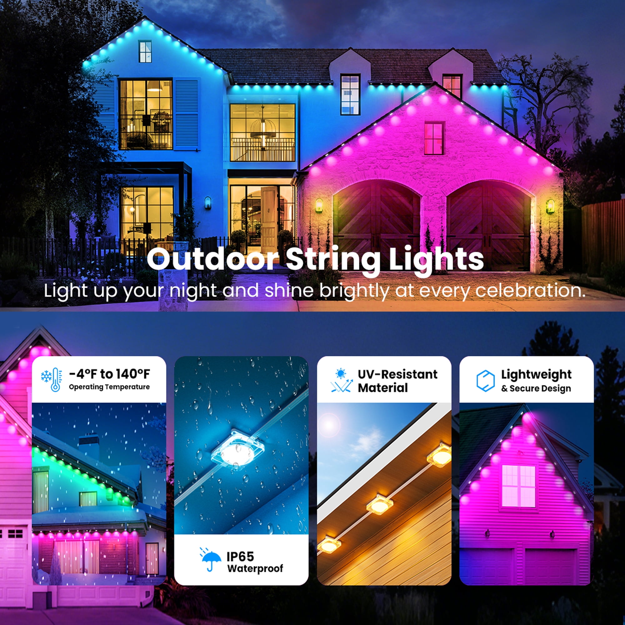DAYBETTER 400ft Permanent Outdoor Lights, RGB Eaves String Lights with 200 LEDS, Remote/APP Control Christmas Lights, IP65 Waterproof for Garden Halloween Party Decorations(100ft*4)