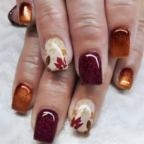 RAGUPEL Stylish Maple Leaves Thanksgiving Press on Nails Short Square Autumn Stick on Nails Manicure Fall And Winter Press on Nails Short 24Pcs