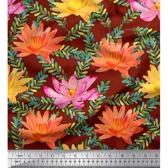 Soimoi Red Cotton Poplin Fabric Leaves & Water Lily Floral Print Fabric by the Yard 42 Inch Wide
