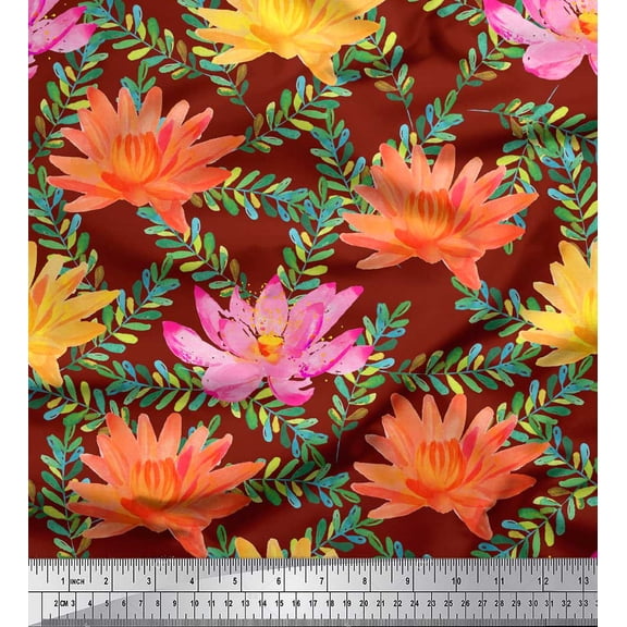Soimoi Red Cotton Duck Fabric Leaves & Water Lily Floral Decor Fabric Printed Yard 42 Inch Wide