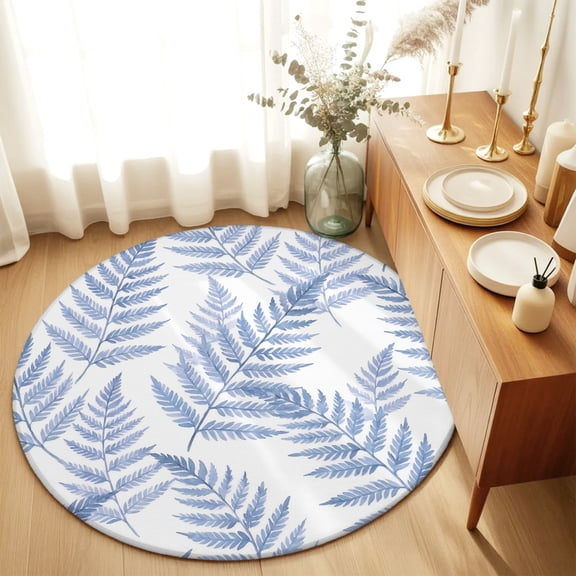 Round Rugs 3Ft, Blue Ferns Round Area Rug Washable Indoor Throw Carpet, Spring Summer Botanical Leaves Small Non Slip Circle Rug for Bedroom Living Room Home Decor Aesthetic