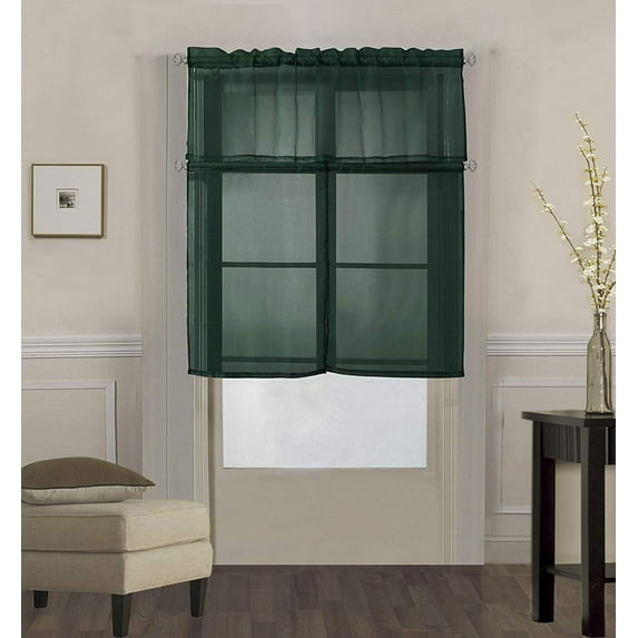 Decotex 3 Piece Solid Sheer Voile Kitchen Window Curtain Tier & Valance Set (36" Tiers with 18" Straight Valance, Hunter Green)