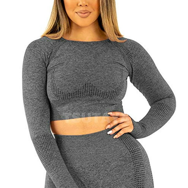 Tsutaya Tsutaya Women S Seamless Athletic Long Sleeves Crop Top Sports Running Shirt Breathable Gym Workout Vital Activewear Grey L Walmart Com Walmart Com