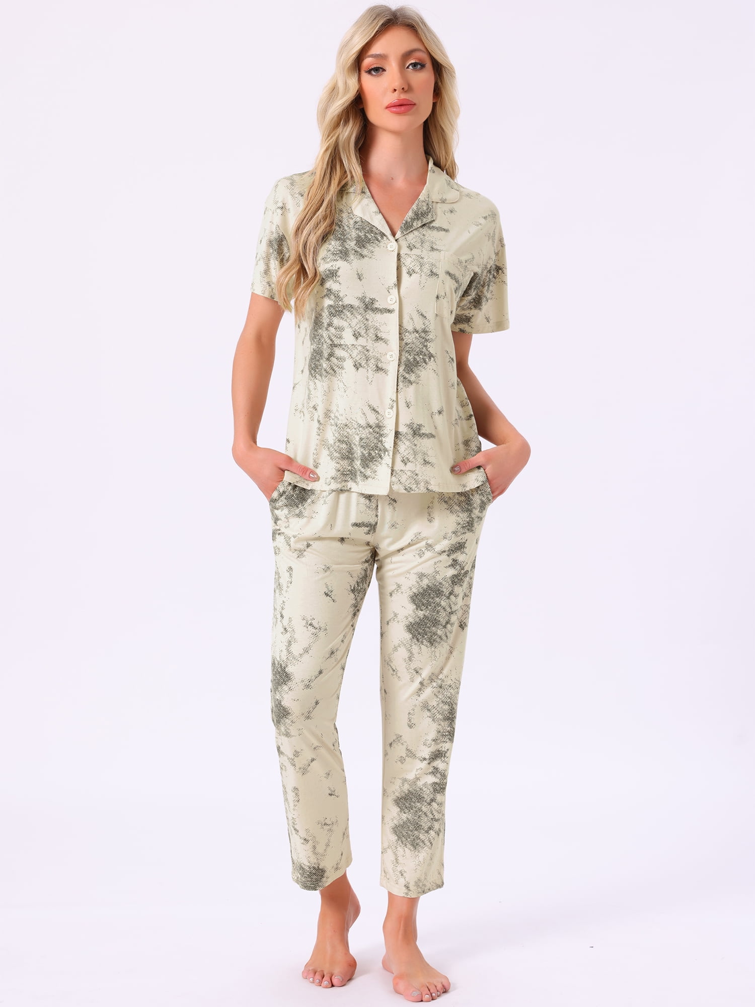 DARING DIVA Tencel Floral Short Sleeve Notched Collar Pants Set M Beige