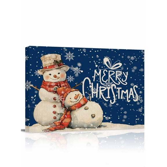 Christmas Canvas Print Wall Art Framed Canvas Art Wall Decor Snowflakes Retro Snowman Watercolor Blue Pictures Painting Morden Artwork for Living Room Bedroom, Ready to Hang - 12"x16"