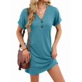 thumbnail image 1 of Robe T-Shirt Décontractée pour Femme à Col en V Mini Robes d'Été à Boutons à Manches Courtes Bleu Lac S, 1 of 10